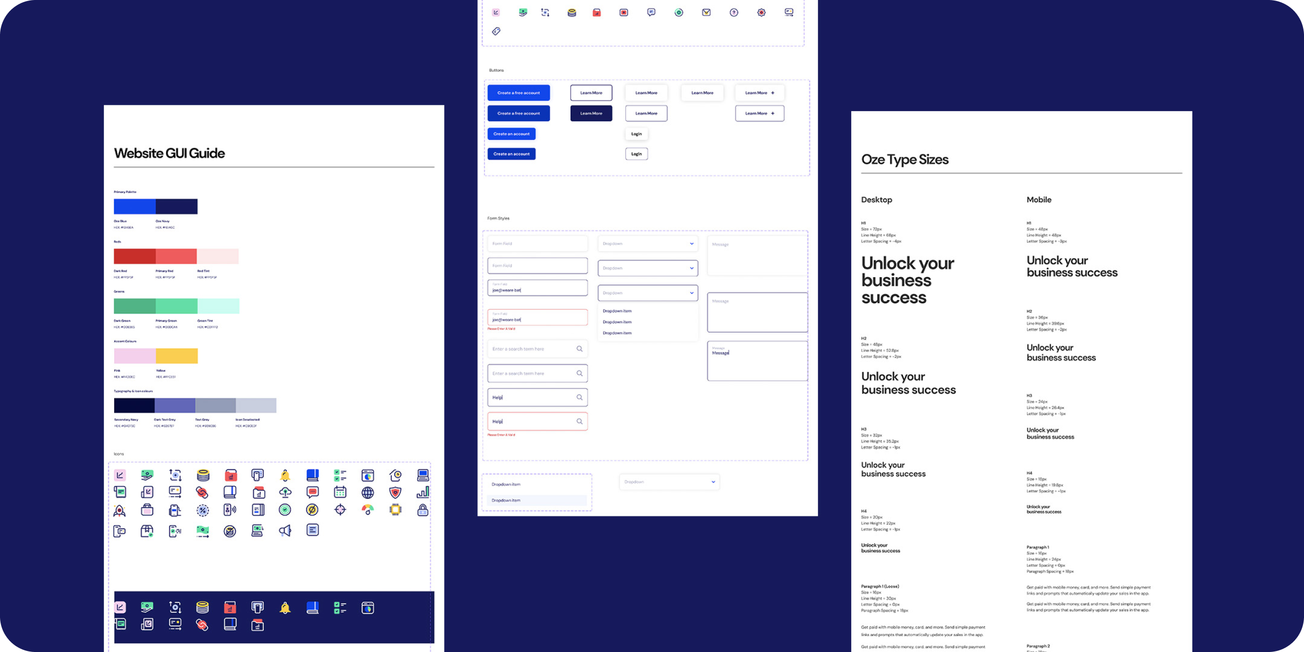 Fintech branding and website design. GUI guide. "Website GUI Guide" "Oze Type Sizes"