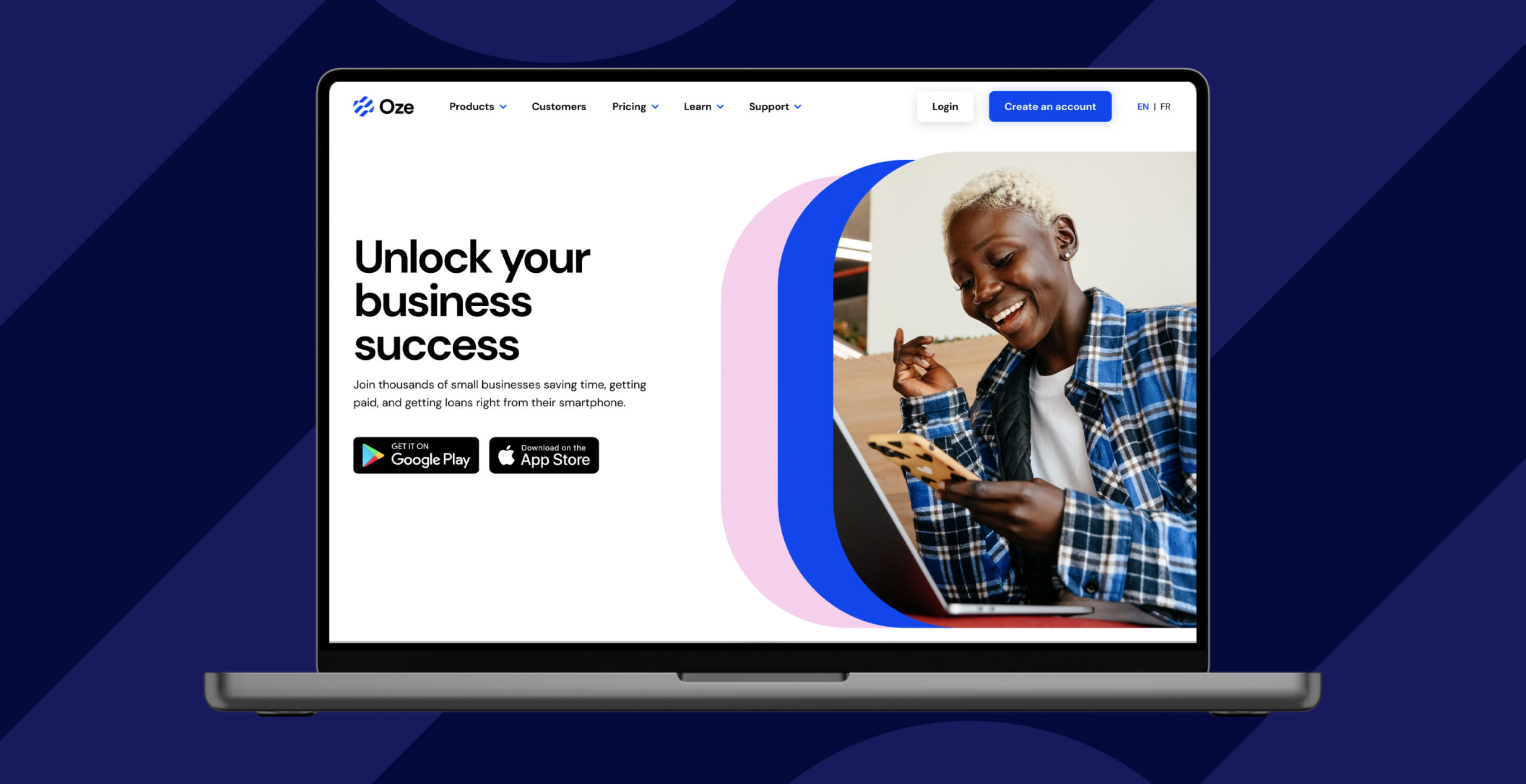 Fintech branding and website design. Laptop displaying Oze website. "Unlock your business success" "Oze"