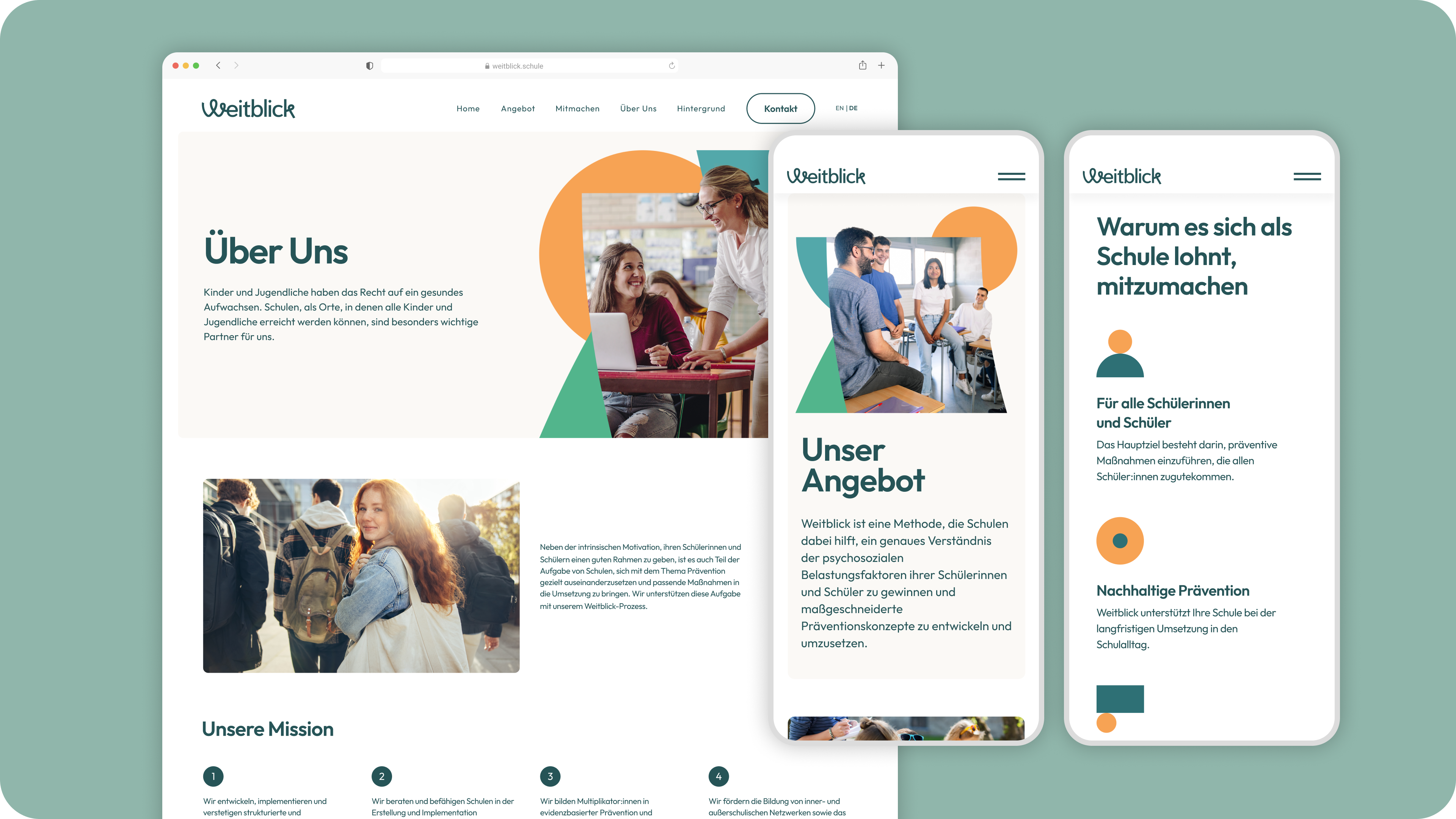 EdTech Branding and Website Design. Multiple digital screens. "Weitblick" "Unser Angebot"