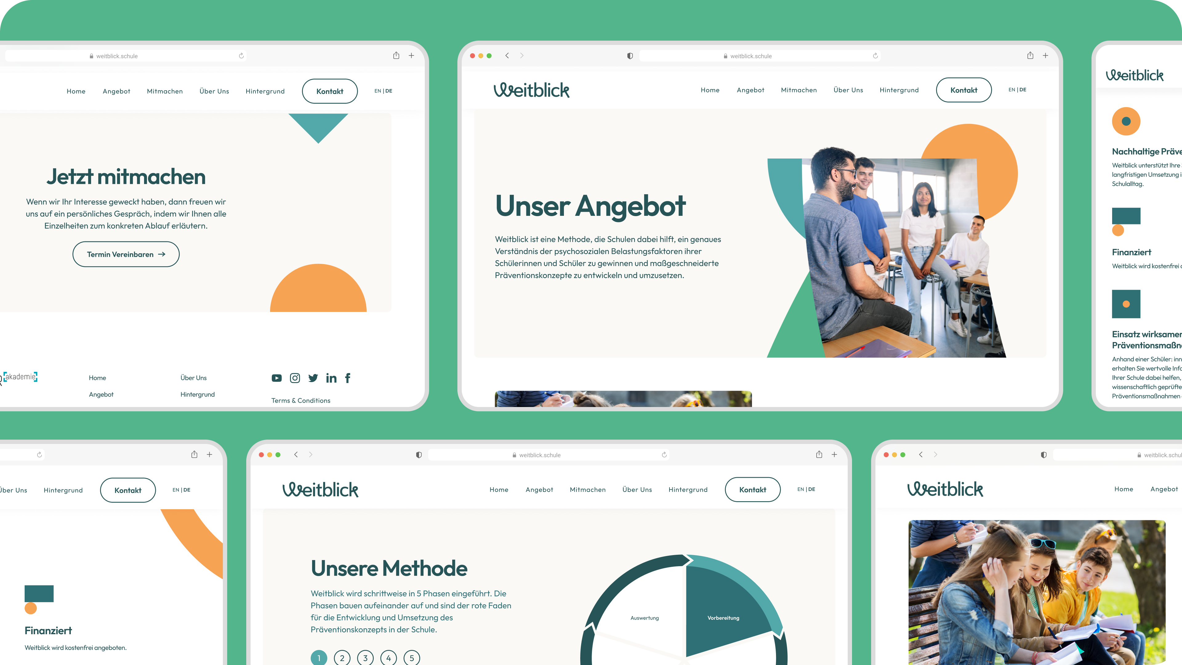 EdTech Branding and Website Design. Multiple digital screens. "Unser Angebot" "Unsere Methode"