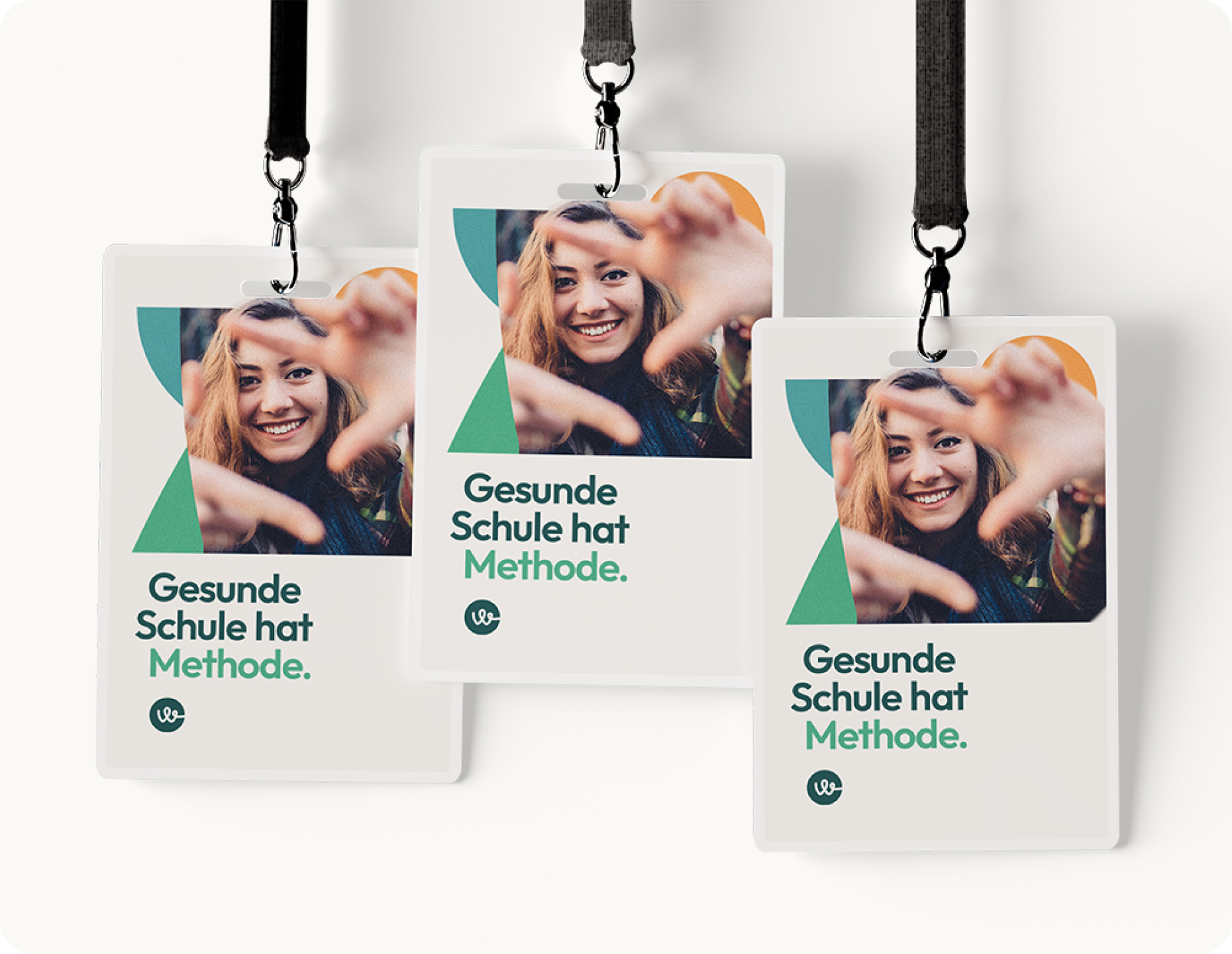 EdTech Branding and Website Design. Three ID badges. "Gesunde Schule hat Methode."