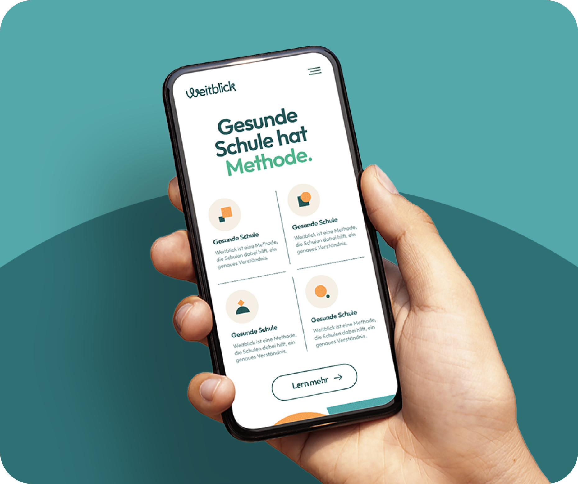 EdTech Branding and Website Design. Hand holding a smartphone. "Gesunde Schule hat Methode."