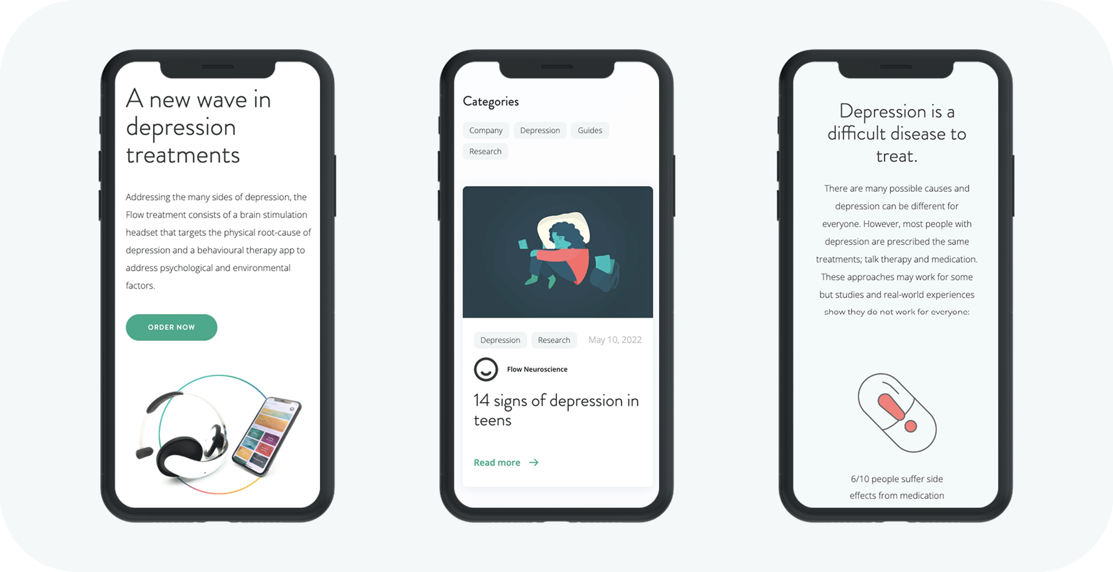Med-tech website design. Various smartphone screens. "A new wave in depression treatments" "Categories" "Depression is a difficult disease to treat."