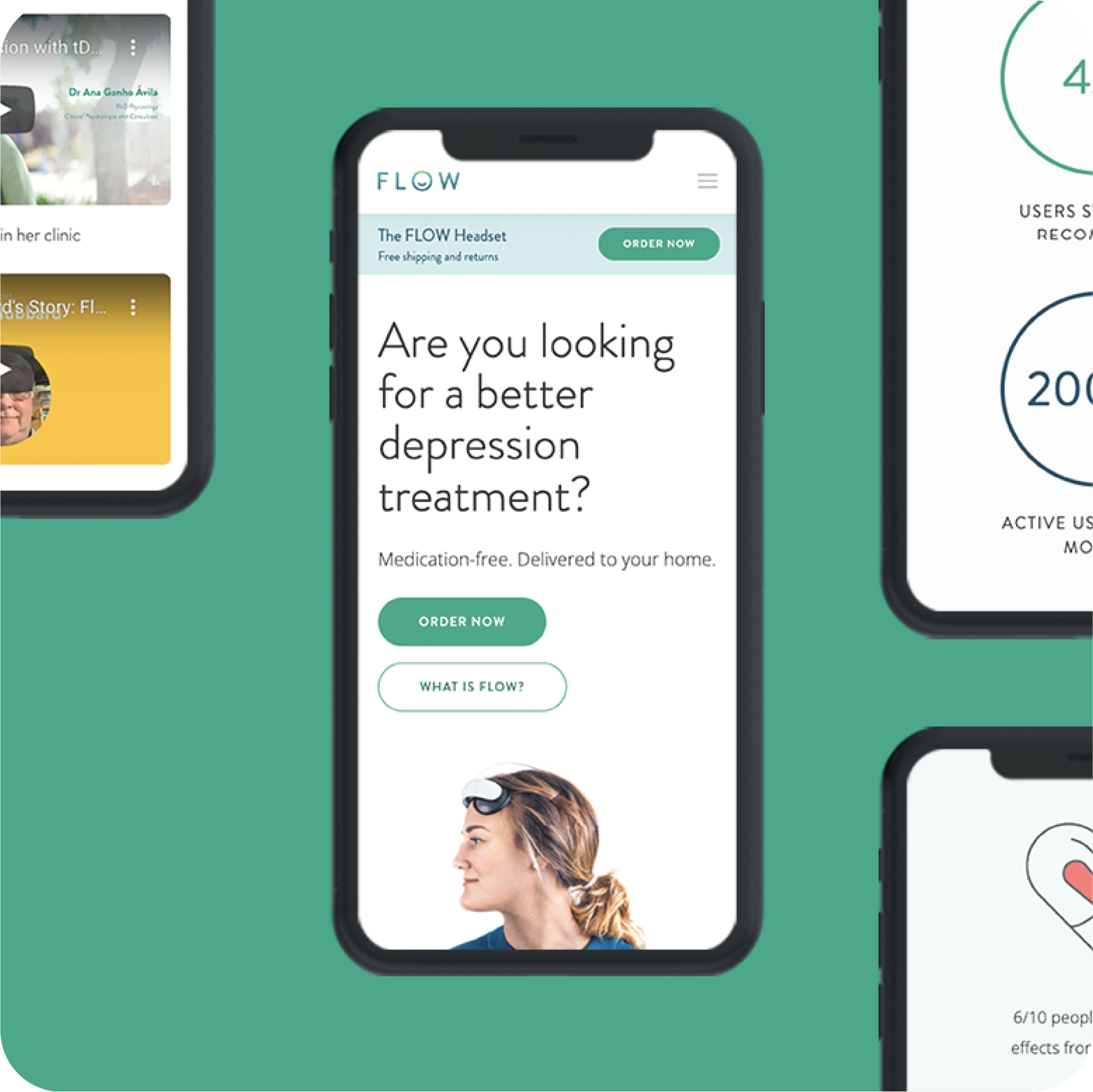 Med-tech website design. Various mobile screens. "Are you looking for a better depression treatment?"