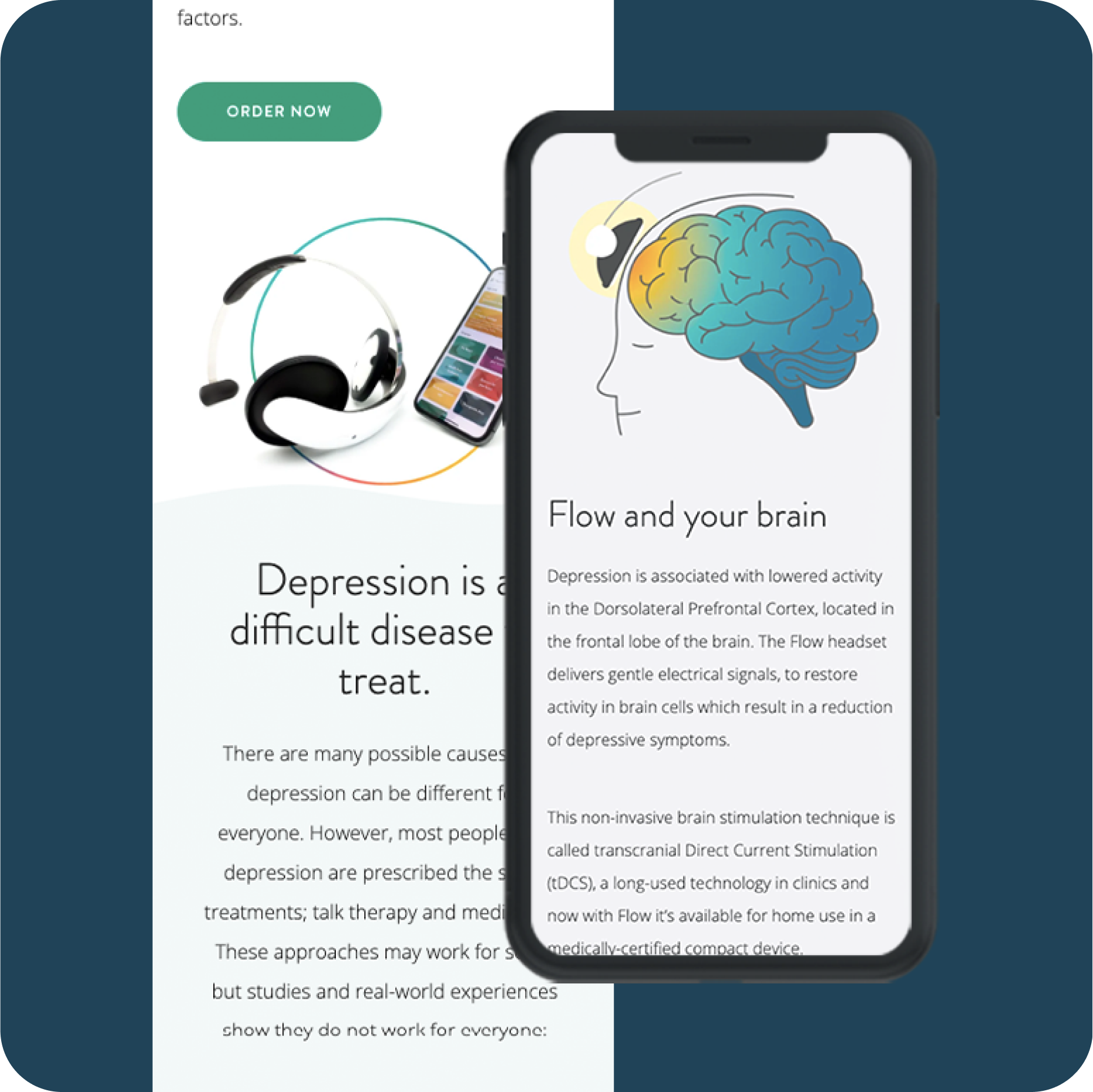 Med-tech website design. Smartphone. "Flow and your brain"