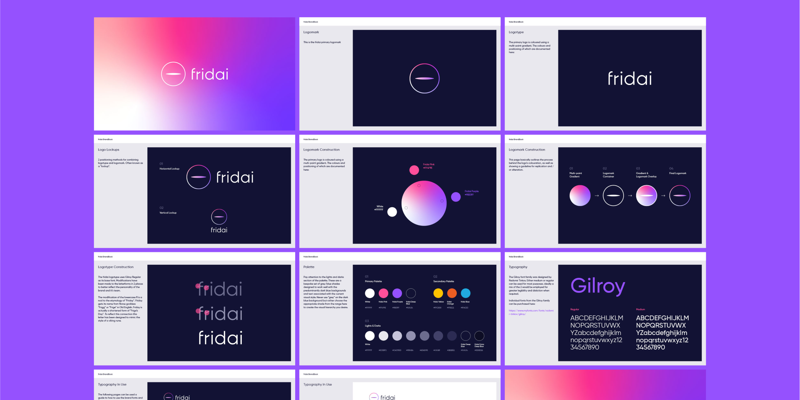 Game Branding and Website Design. A series of pages showing fridai's branding including their pink and purple gradient