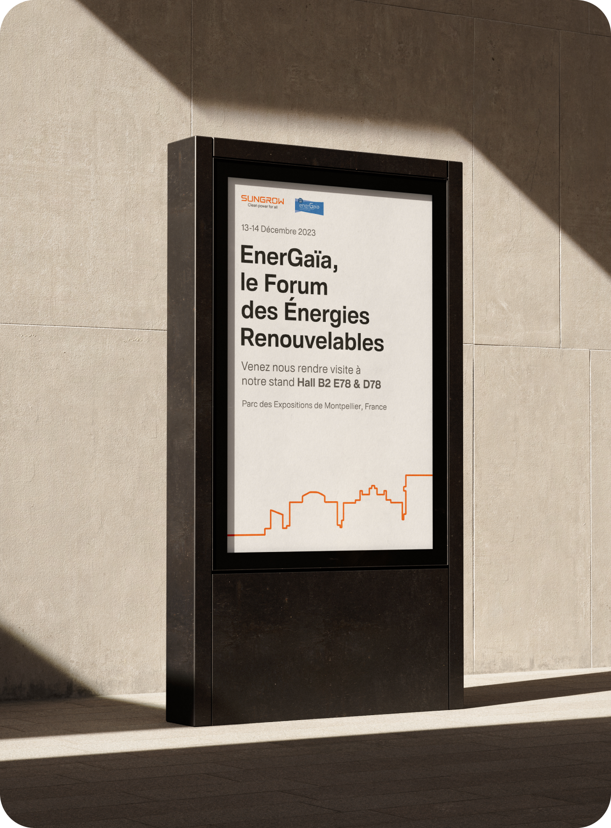 Renewable energy branding. Sungrow modern poster for the EnerGaïa Forum, emphasising renewable energy.