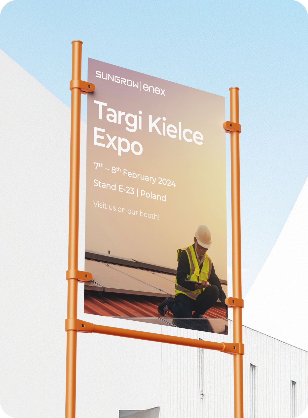 Renewable energy branding. Promotional banner for Sungrow at Targi Kielce Expo 2024, featuring event details and an image of a worker inspecting solar panels.