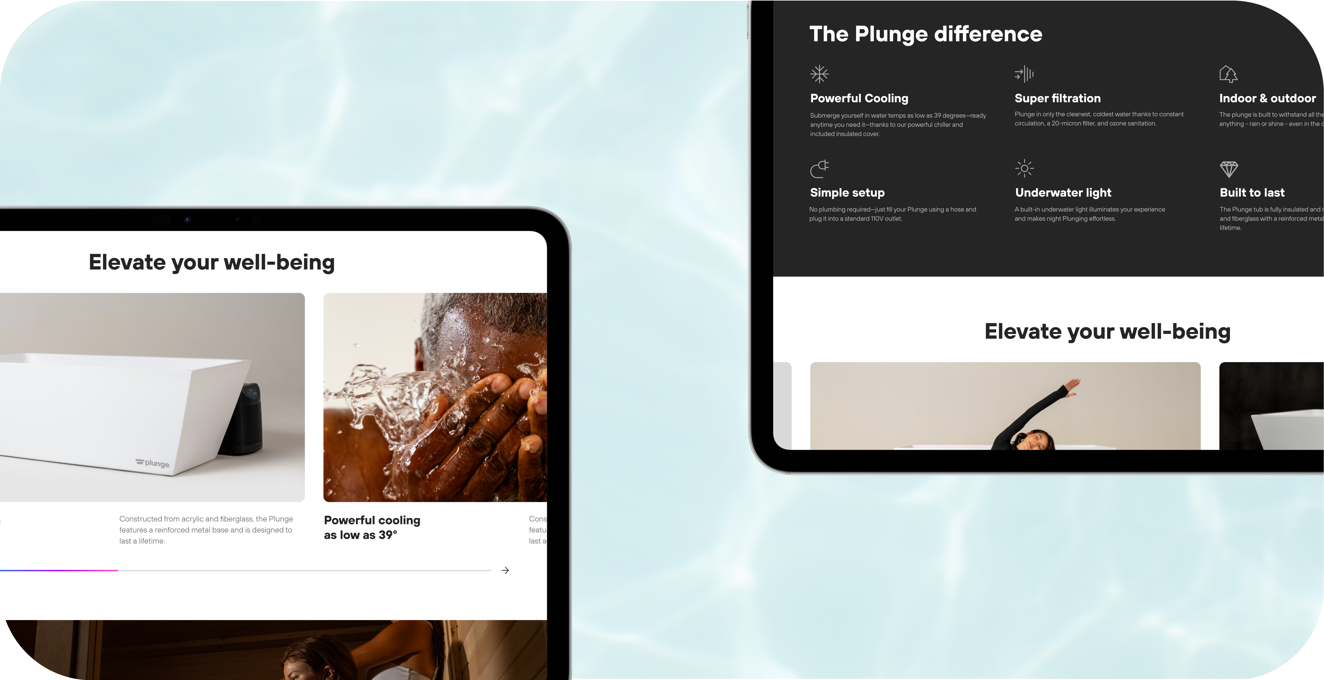 Wellness brand website design. Visual showcase of a tablet-responsive design for Plunge website, emphasizing features and benefits.