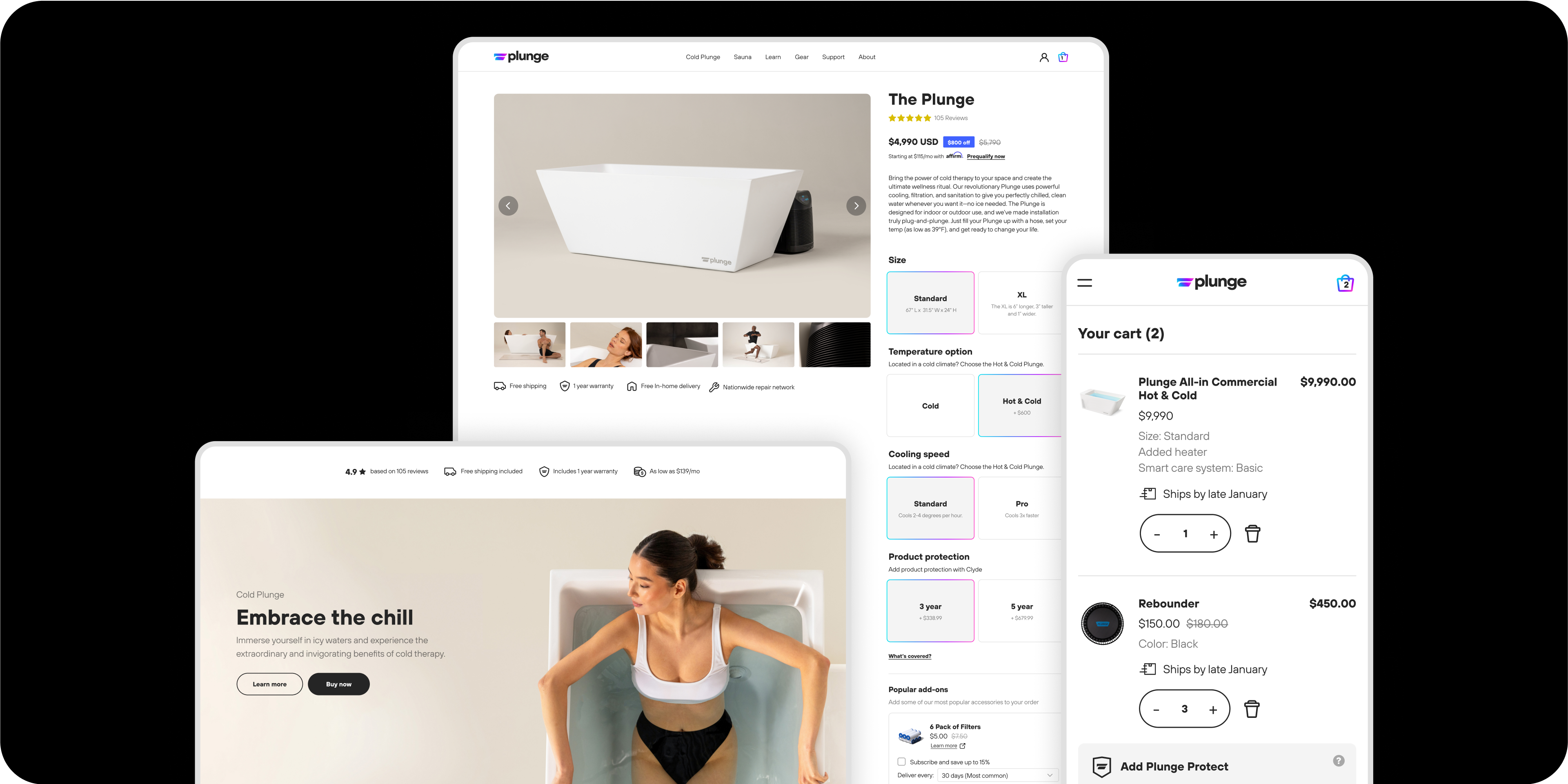 Wellness brand website design. A collection of e-commerce interface designs for Plunge website, including product detail, cart, and homepage screens.