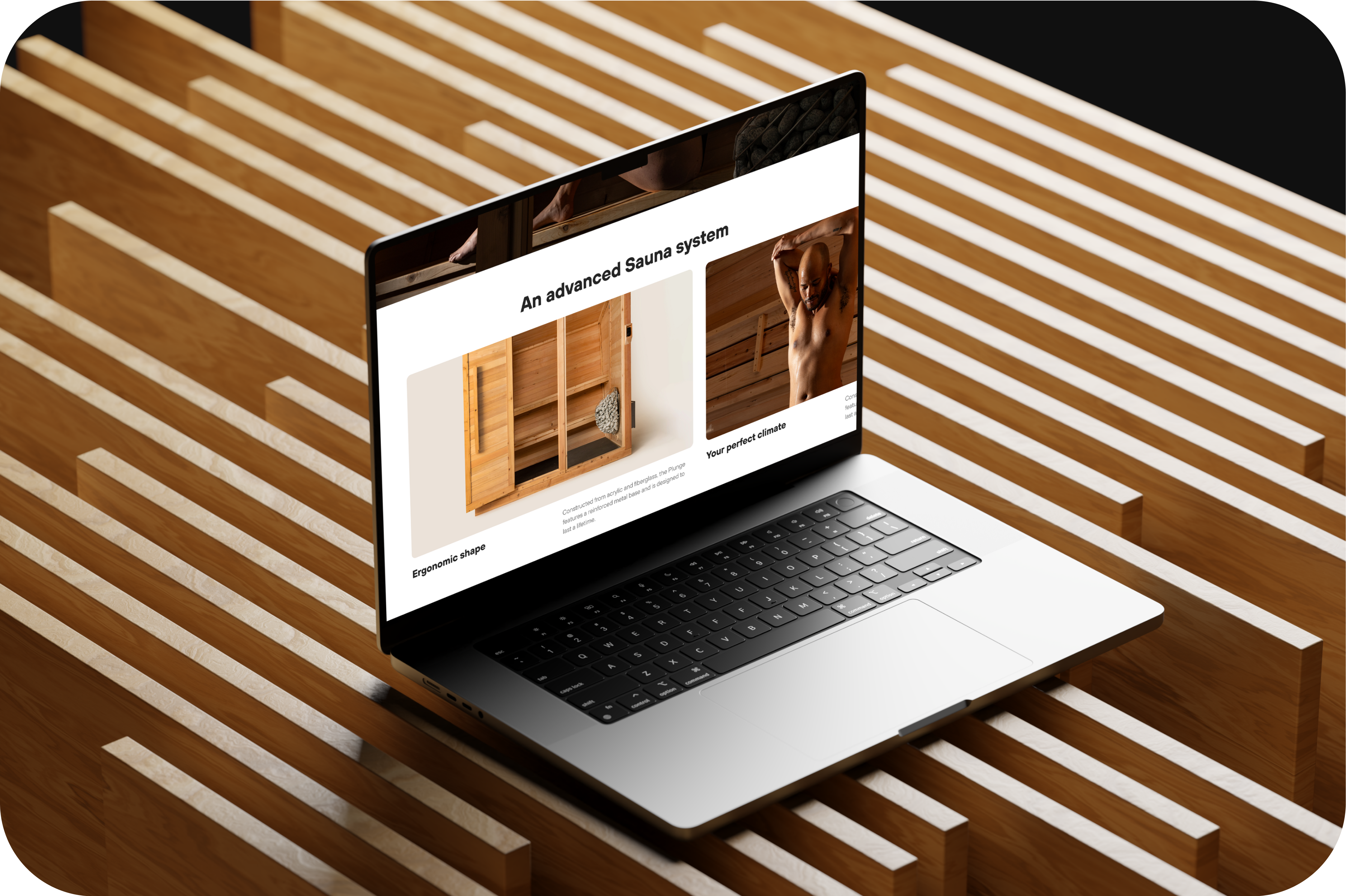 Open laptop displaying Plunge website featuring a modern sauna system, with visuals of wooden sauna interiors and a person enjoying a sauna experience. Plunge website