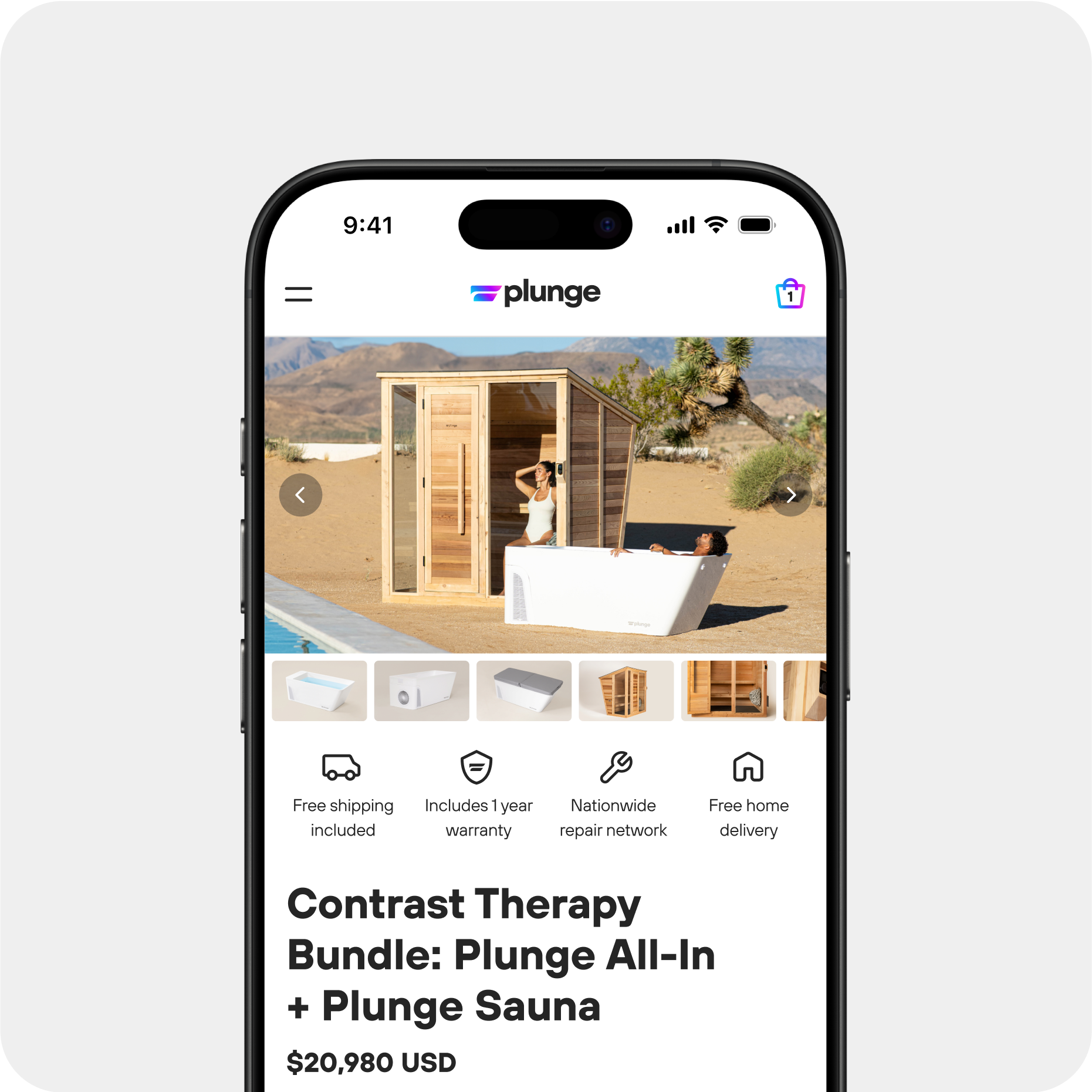 Wellness brand website design. Mobile interface showcasing the Plunge Contrast Therapy Bundle, featuring the sauna and plunge tub in an outdoor setting.