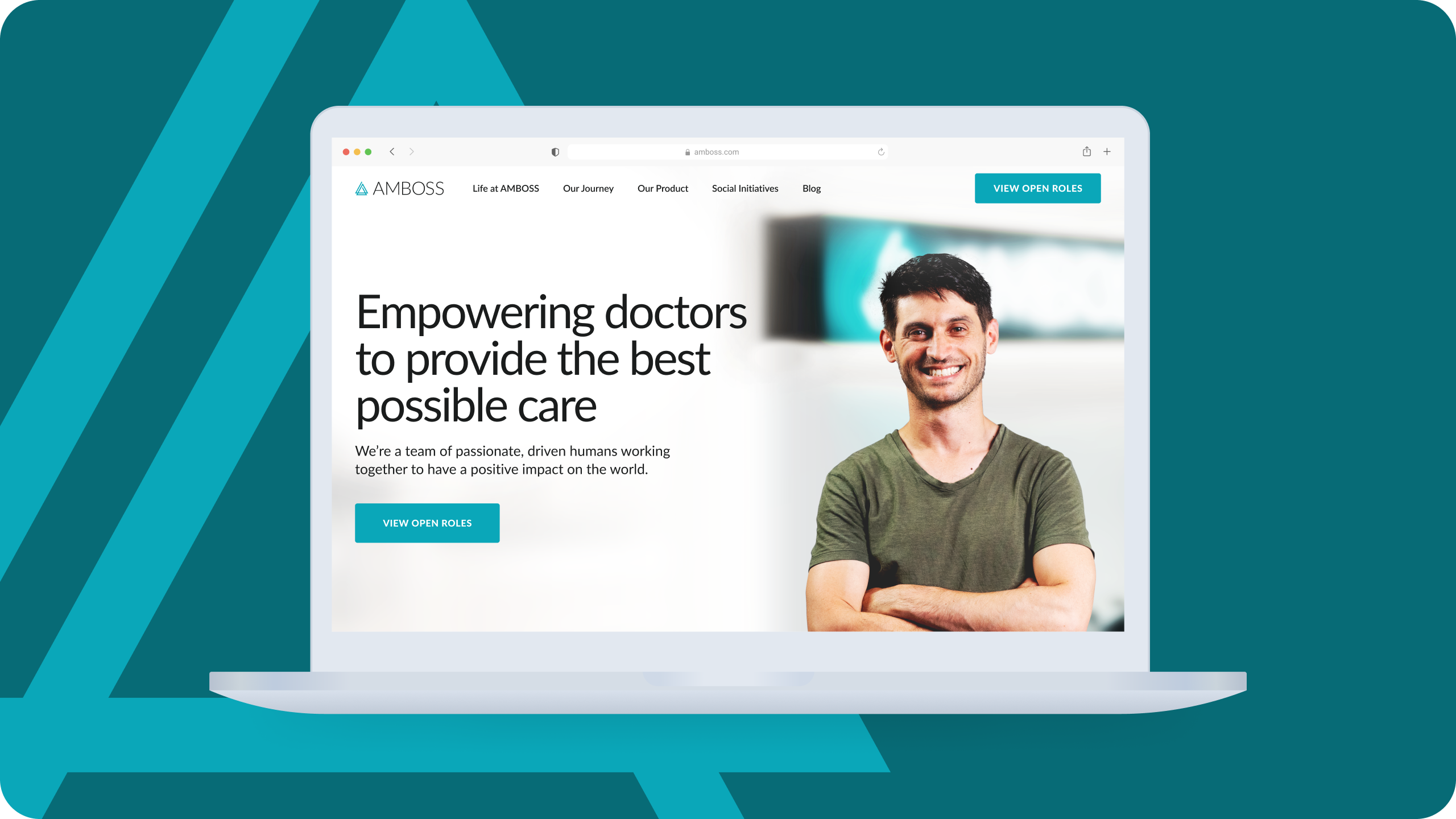 Healthcare EdTech Website Design. Desktop website interface for Amboss, featuring a clean layout with a smiling team member, bold typography, and a teal-accented background.