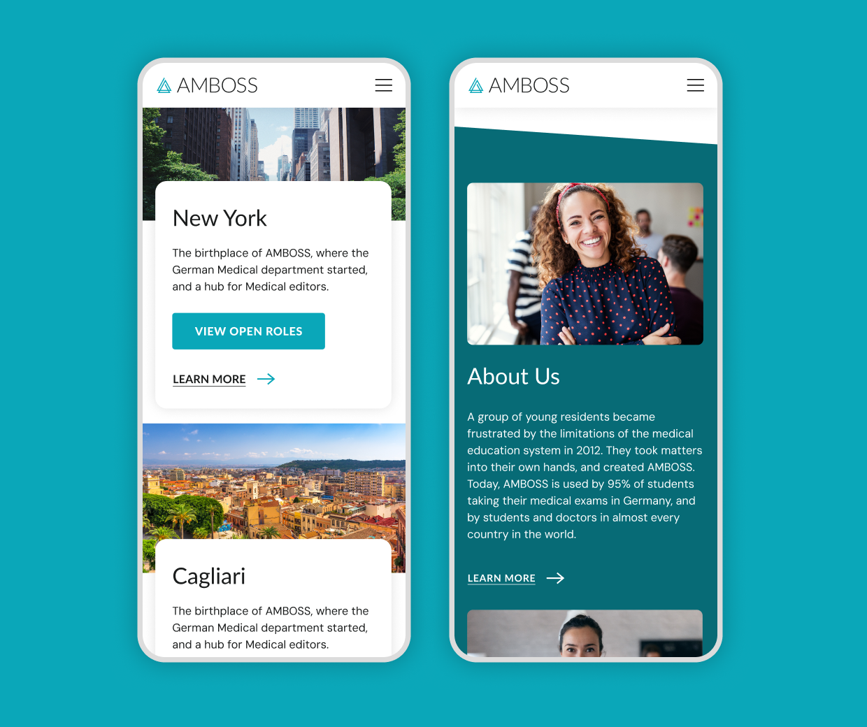 Healthcare EdTech Website Design. Mobile website design page for Amboss, showcasing career and about us page