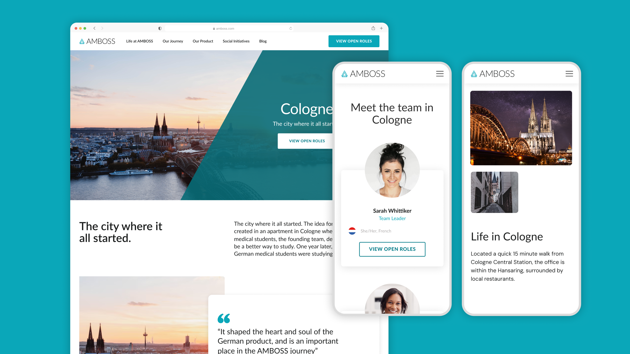 Healthcare EdTech Website Design. Desktop and mobile web page for Amboss, showcasing a visually appealing layout with imagery of Cologne, responsive design elements, and team member profiles.