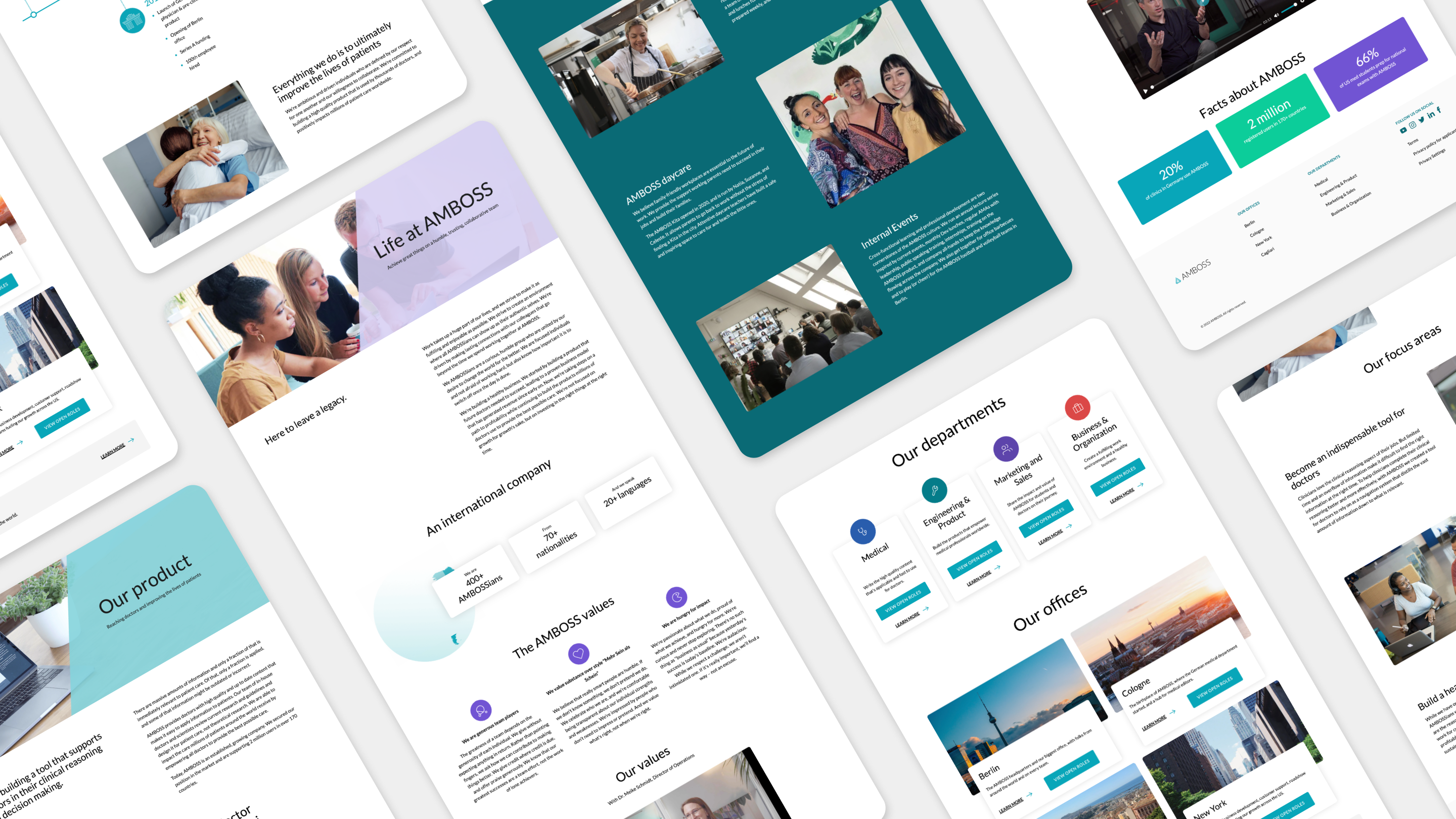 Healthcare EdTech Website Design. Website design for Amboss, showcasing a visually cohesive layout with modern typography, engaging imagery, and sections on company values, focus areas, and departments.