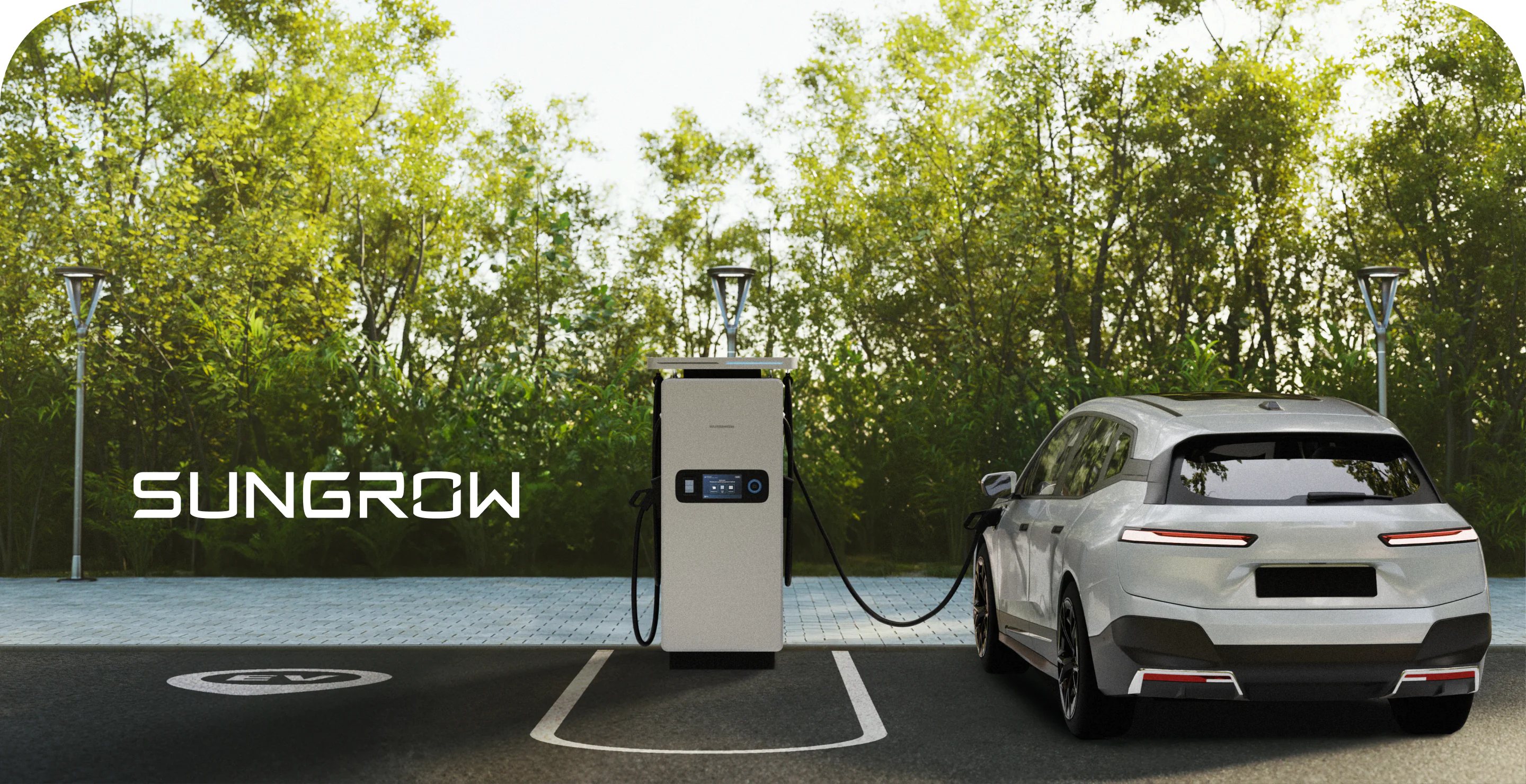 Electric vehicle at a charging station, set in a serene outdoor environment.